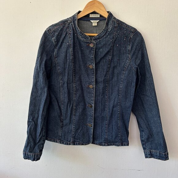 Christopher & Banks Denim Jacket Womens XL Stretch Rhinestones Button Front - Picture 1 of 8
